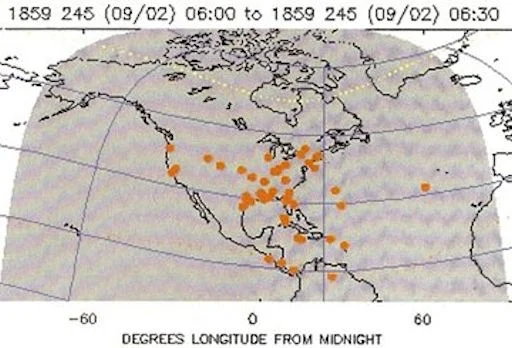 Circled areas on plot indicate locations that experienced the northern lights during the Carrington Event.