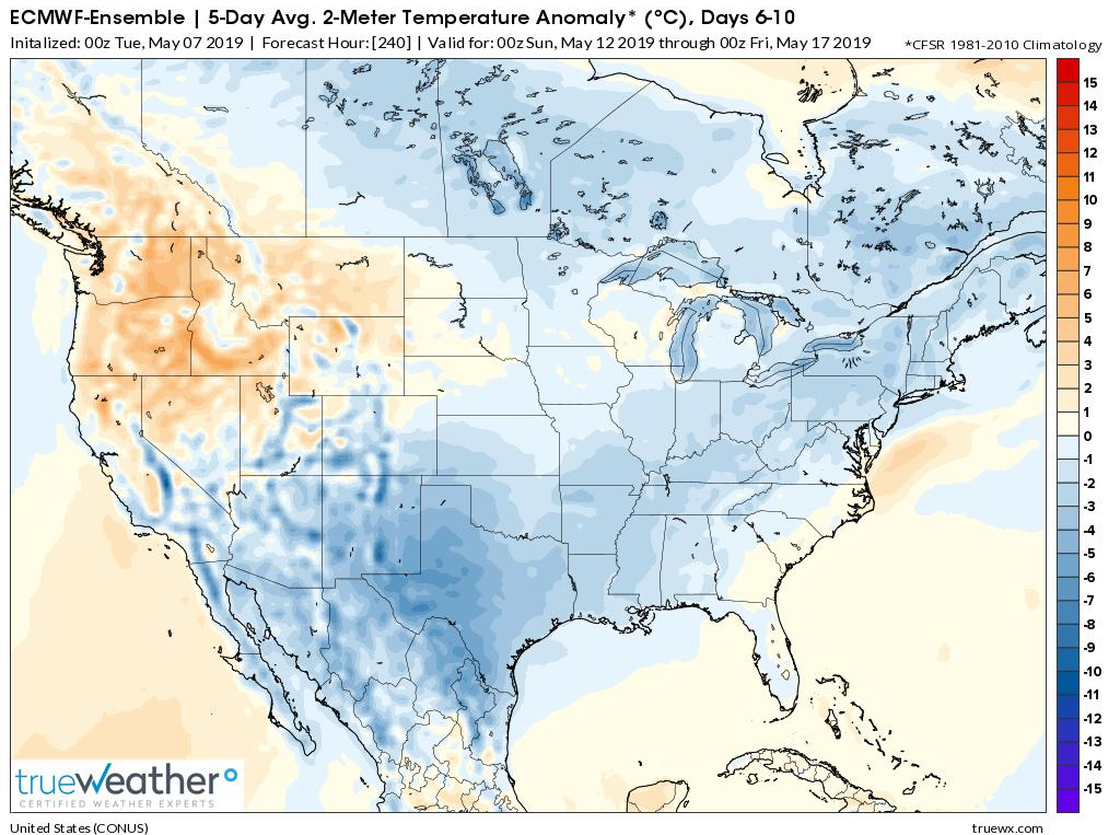 Much of Canada and the US will average out colder-than-normal in the days 6-10 time period (May 12-May 17); courtesy ECMWF, truewx.com