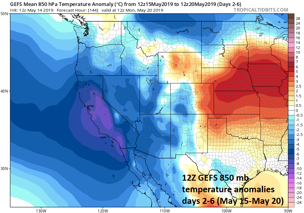 A cold weather pattern has gripped much of the weather US and it will continue for the next several days; courtesy NOAA/EMC, tropicaltidbits.com