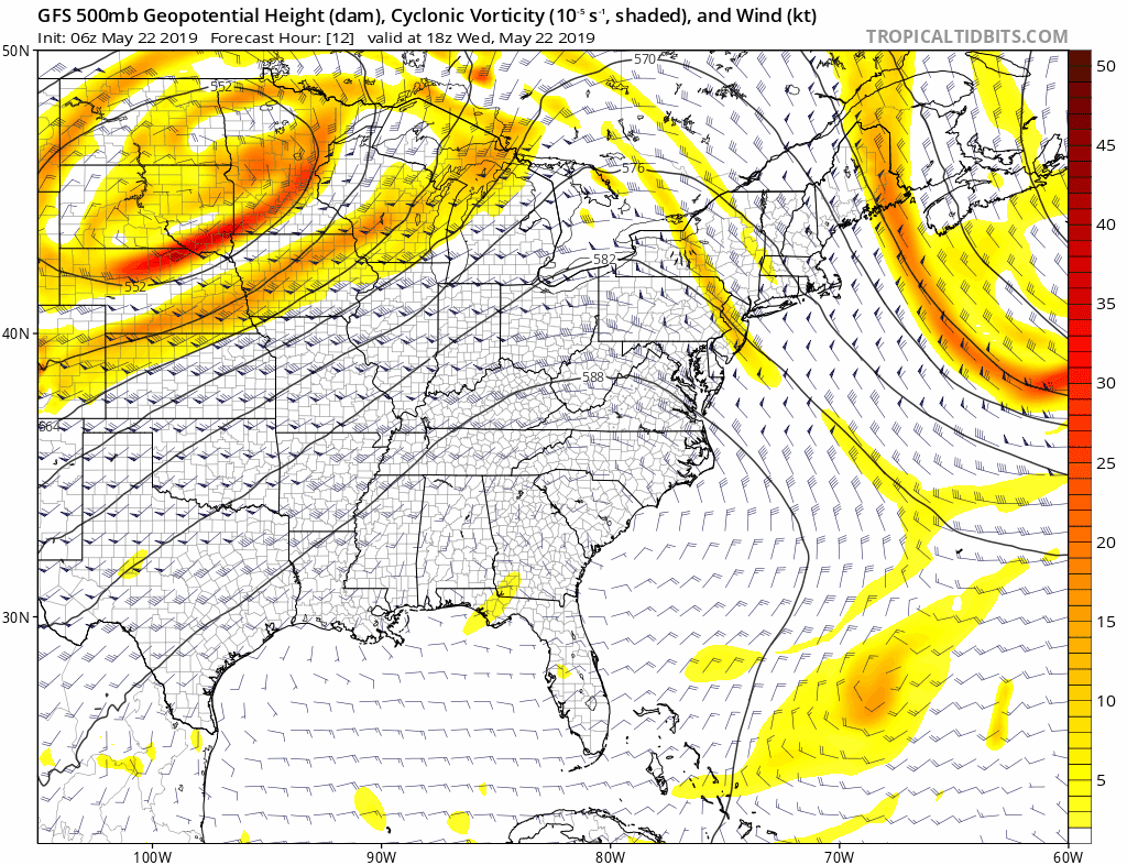 06Z GFS loop of 500 mb forecast maps from later today into early Friday (forecast hours 12-54); courtesy NOAA/EMC, tropicaltidbits.com