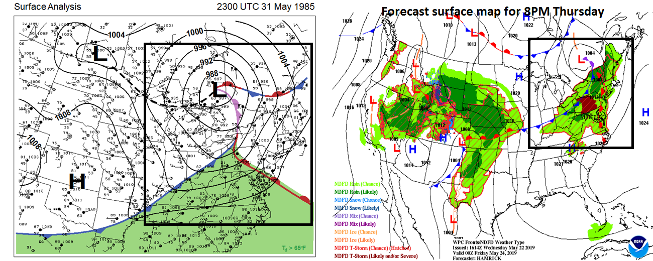 There are some similarities to today’s atmospheric setup and that which resulted in an outbreak of tornadoes across Pennsylvania on May 31, 1985 (surface map 5/31/85 on left, surface forecast map for this evening on right).