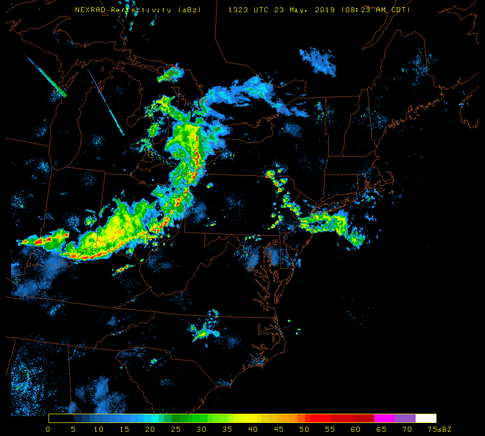 Very impressive radar echoes already in place across the Ohio Valley; map courtesy NOAA, University of Wisconsin