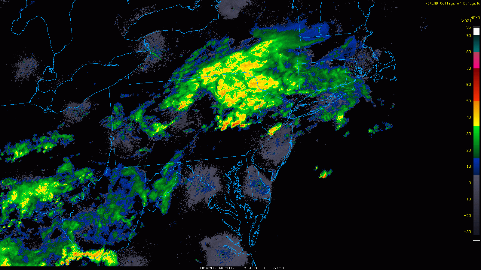 The latest radar loop features heavy showers and embedded thunderstorms across NE and east-central PA and more are intensifying over West Virginia and Ohio; courtesy NOAA, College of DuPage