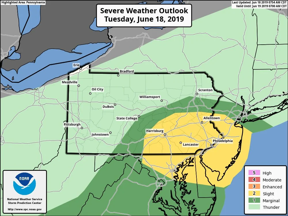 NOAA’s Storm Prediction Center has the Mid-Atlantic region in a “slight risk” zone for severe weather later today.