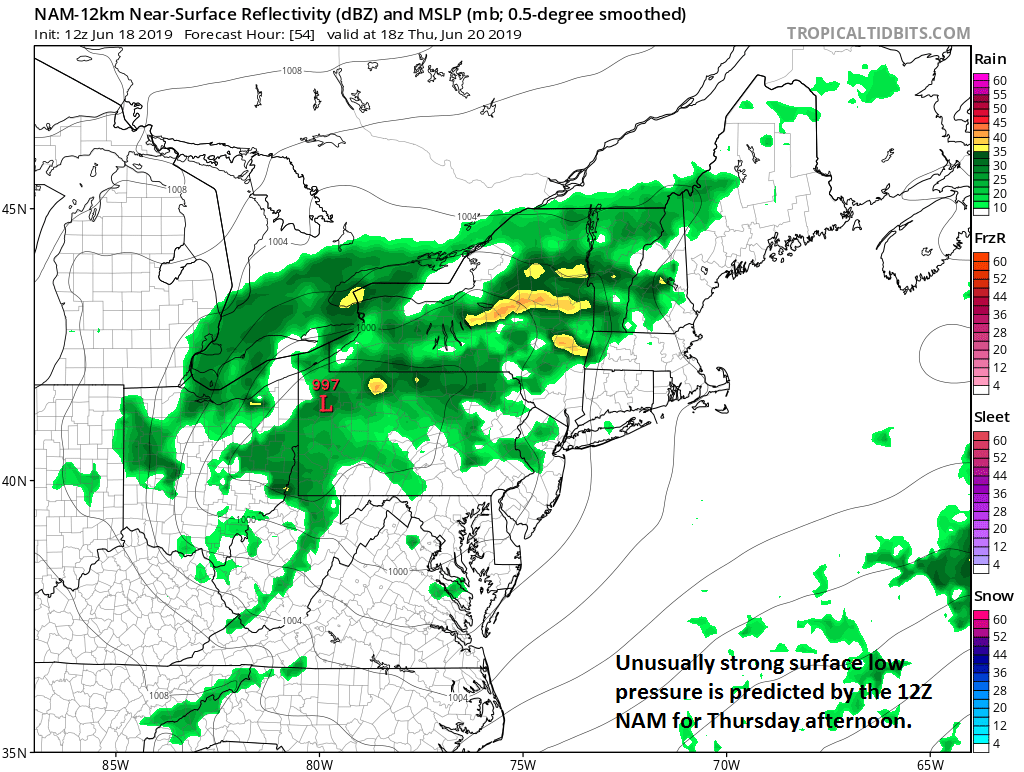 A strong surface low pressure system will contribute to the threat for severe weather late Thursday/Thursday night in the Mid-Atlantic region; courtesy NOAA, tropicaltidbits.com