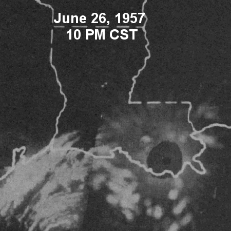 Hourly radar image animation of Hurricane Audrey making landfall in Louisiana; Courtesy NOAA, Wikipedia