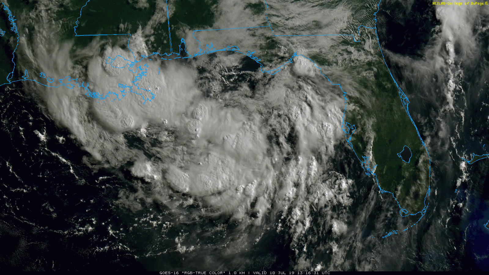 GOES satellite imagery features a strengthening area of low pressure over the Gulf of Mexico; courtesy NOAA, College of DuPage