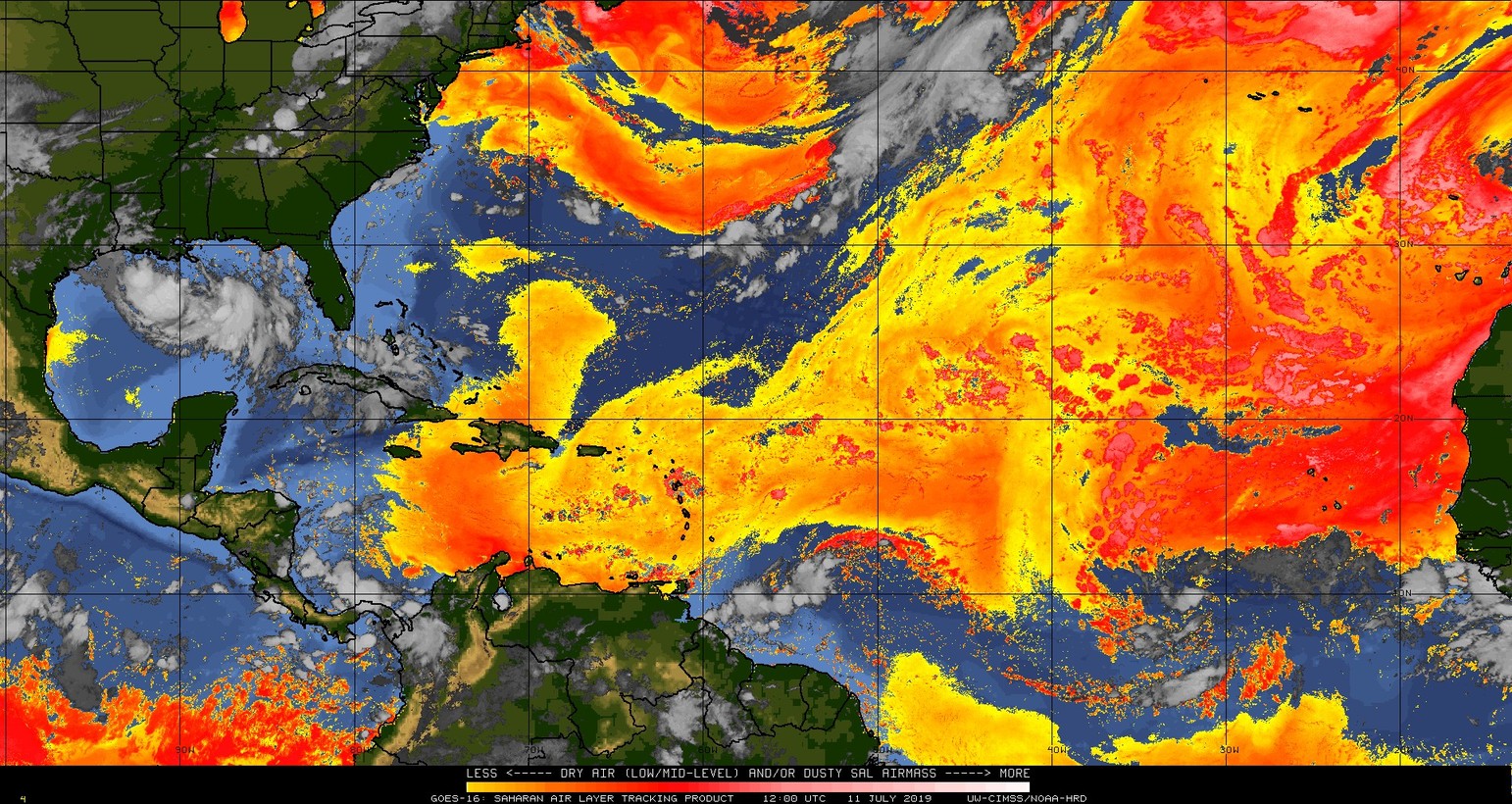 Dry (Saharan Desert) air dominates the scene in the tropical Atlantic and this will continue to be an inhibiting factor for tropical storm development in the eastern Atlantic; courtesy CIMSS/Wisconsin, NOAA
