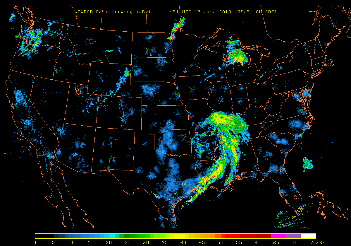 Latest NEXRAD image features a large area of rain in the Mississippi Valley region associated with the remains of Barry; courtesy NOAA, University of Wisconsin/AOS
