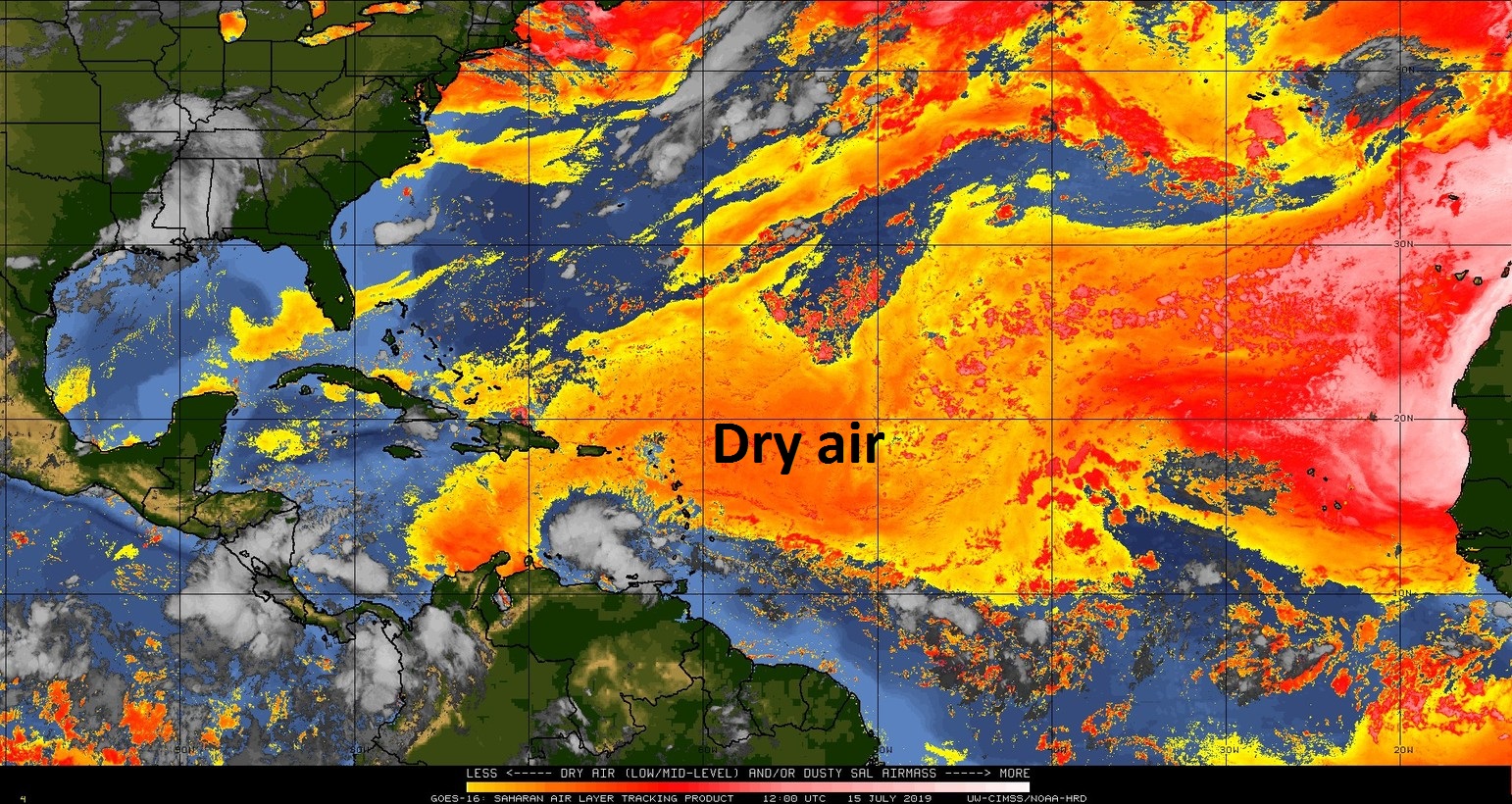 There is lots of dry (Saharan Dust) air over the Atlantic Ocean (indicted by orange, red) and this will continue to inhibit the formation of “African-wave” type tropical storms; courtesy NOAA, University of Wisconsin/CIMSS