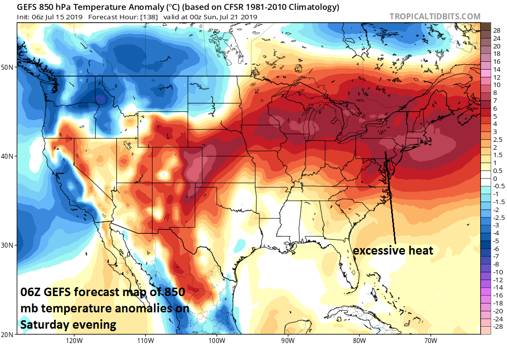 Forecast map of 850 mb temperature anomalies features excessive heat in the Midwest, Mid-Atlantic and NE US as of Saturday evening; courtesy NOAA, tropicaltidbits.com