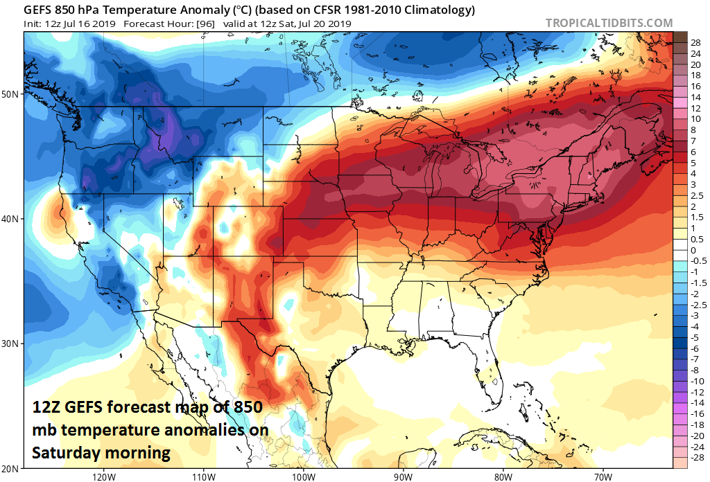 A major heat wave will be experienced this weekend in the Mid-Atlantic, NE US and Midwest; 850 temperature anomalies forecast map courtesy NOAA, tropicaltidbits.com