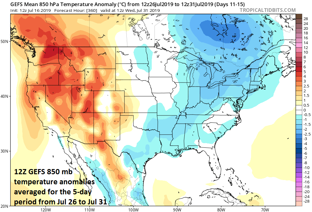 Cooler-than-normal air is destined to returned to the eastern third of the nation for the latter part of July; courtesy NOAA, tropicatidbits.com Meteorologist Paul Dorian Perspecta, Inc. perspectaweather.com