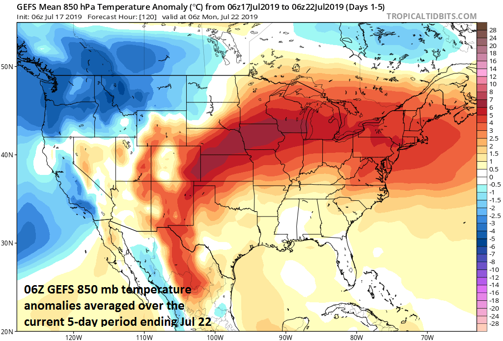 A major heat wave will grip the Midwest, Mid-Atlantic, and NE US over the next 5-days with a large area of above-normal 850 mb temperatures as depicted by the 06Z GEFS computer forecast model; courtesy NOAA, tropicaltidbits.com