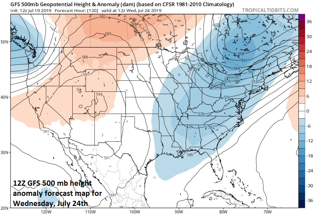 A strong trough of low pressure will develop in the eastern US by the middle of next week leading to much cooler conditions compared to the heat wave this weekend. Courtesy NOAA, tropicaltidbits.com