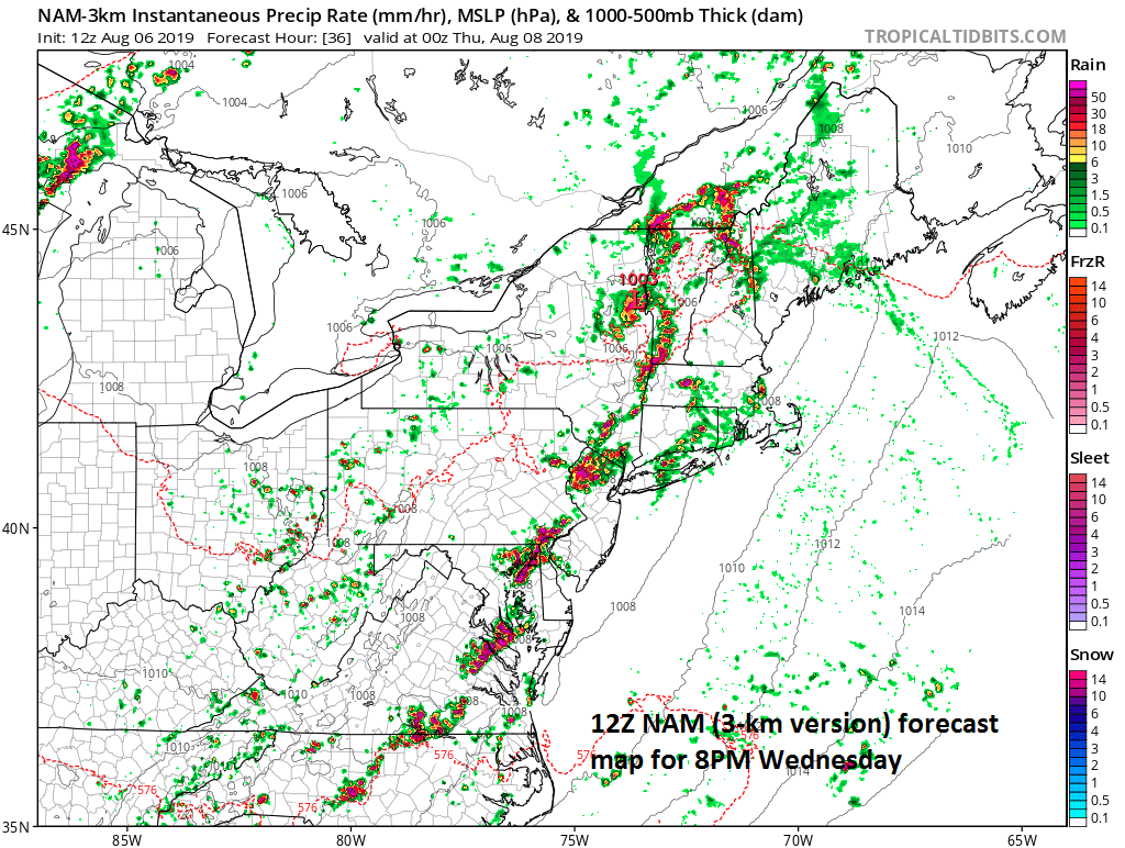 A fairly solid line of thunderstorms will stretch late tomorrow from near DC to interior New England as depicted by the 12Z NAM computer forecast model; courtesy NOAA, tropicaltidbits.com