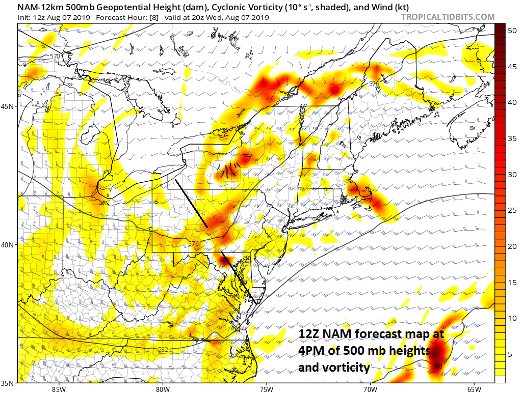 12Z NAM 4PM forecast map at 500 mb with vigorous energy aloft in the Mid-Atlantic; courtesy NOAA, tropicaltidbits.com