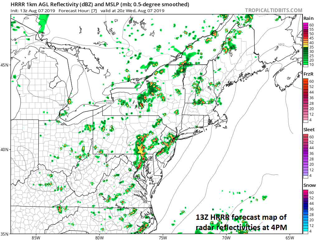 13Z High-Resolution Rapid Refresh (HRRR) forecast map at 4PM with numerous showers/storms depicted in the Mid-Atlantic region; courtesy NOAA, tropicaltidbits.com