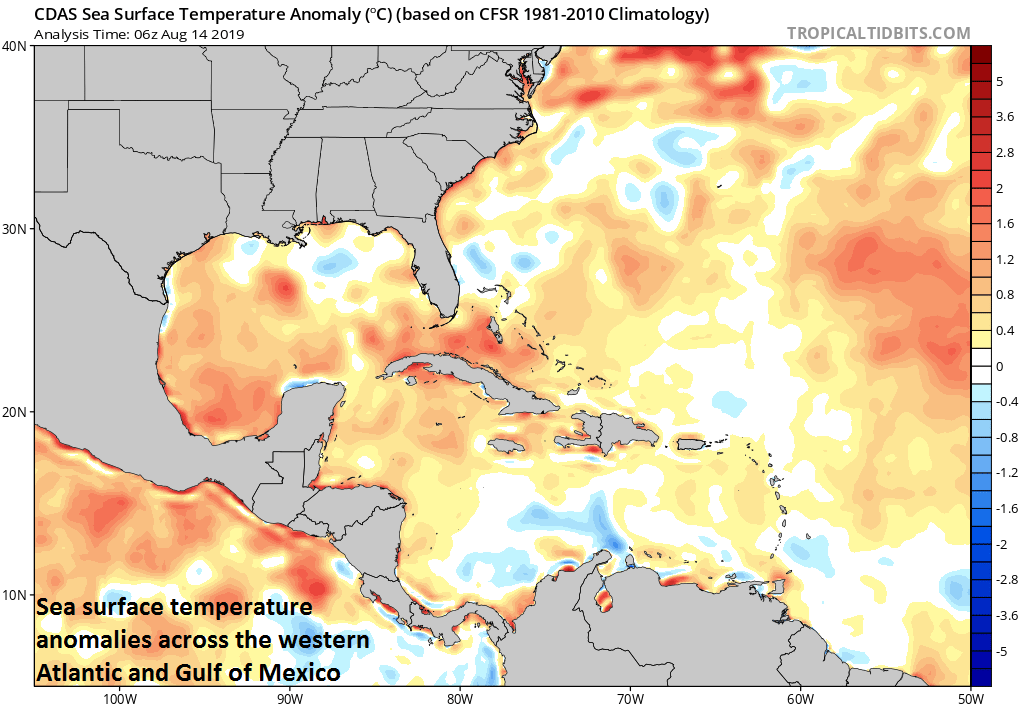 Warmer-than-normal sea surface temperatures have returned to the Gulf of Mexico; courtesy NOAA, tropicaltidbits.com