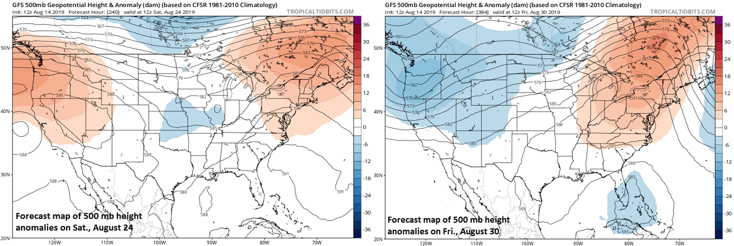 High pressure ridging aloft may dominate the pattern later this month in the NE US and SE Canada; courtesy NOAA, tropicaltidbits.com