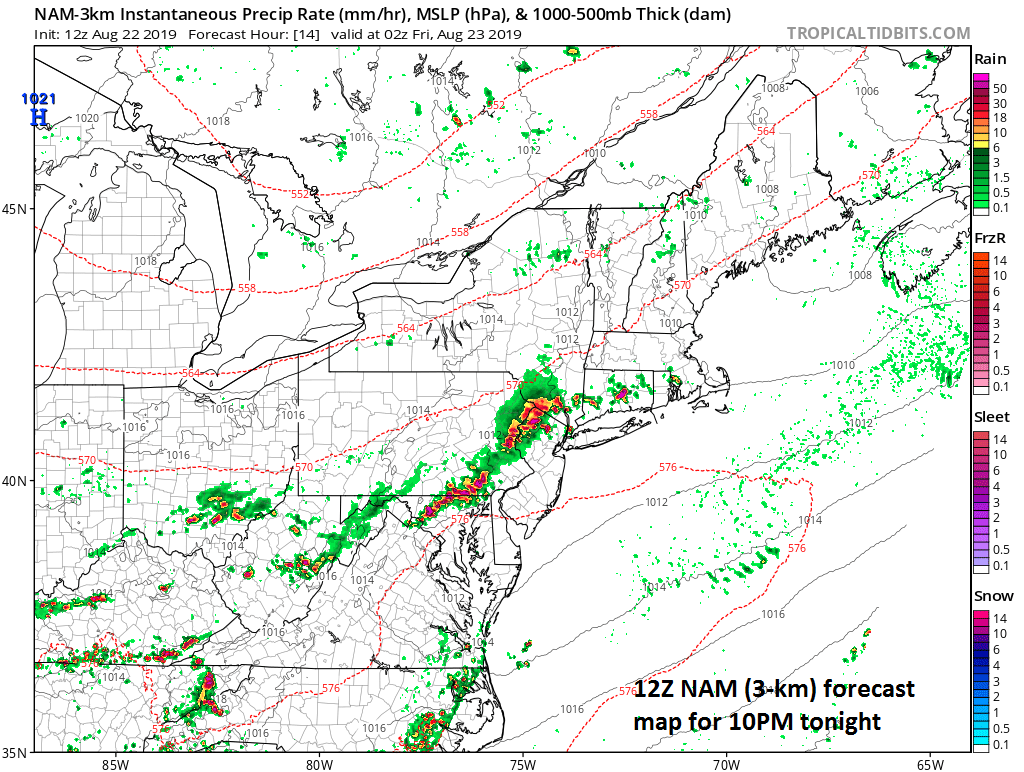 12Z NAM (3-km version) forecast map at 10PM tonight with a band of showers and thunderstorms closing in on the I-95 corridor; courtesy NOAA, tropicaltidbits.com