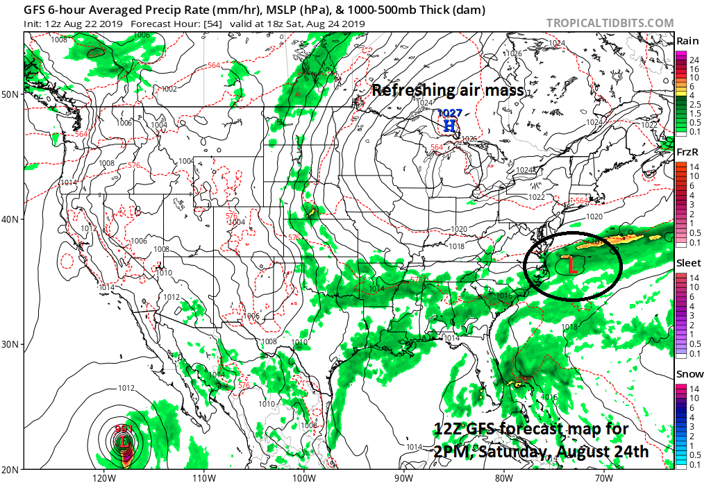 12Z GFS forecast map at 2PM Saturday, August 24th with strong high pressure to our north and west anchoring a refreshing air mass for this time of year. Low pressure off the east coast will have to be monitored this weekend and next week for potential development into a tropical storm. Courtesy NOAA, tropicaltidbits.com