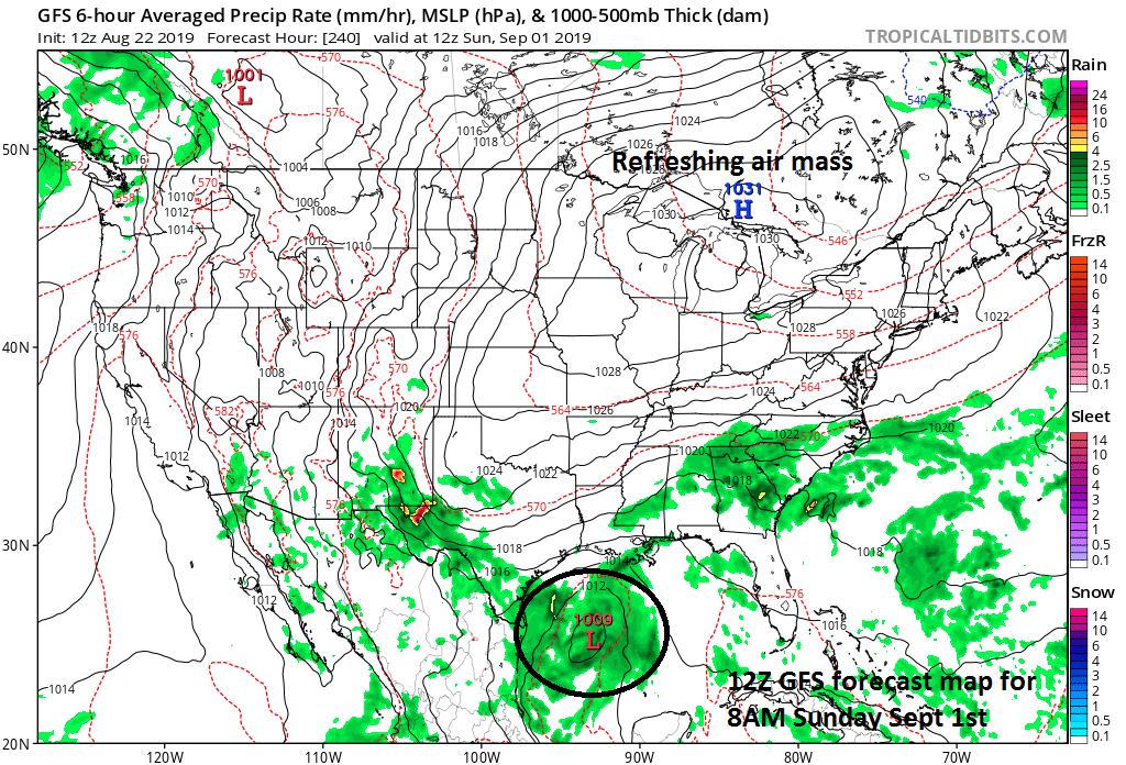 2Z GFS forecast map at 8AM Sunday, September 1st with strong high pressure again situated to our north and west anchoring a second refreshing air mass for this time of year. Low pressure is predicted to be over the western Gulf of Mexico where sea surface temperatures are running at above-normal levels. Courtesy NOAA, tropicaltidbits.com