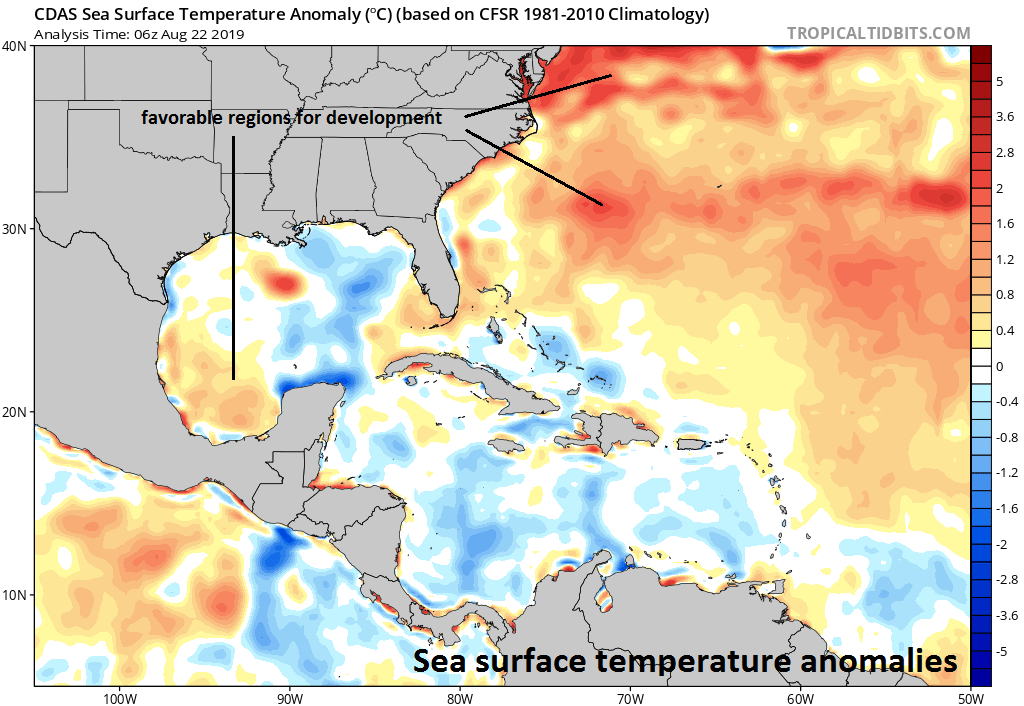Warmer-than-normal sea surface temperatures this time of year are generally favorable for tropical storm formation or intensification. Two such areas currently exist in the western Gulf of Mexico and the western Atlantic. Courtesy NOAA, tropicaltidbits.com