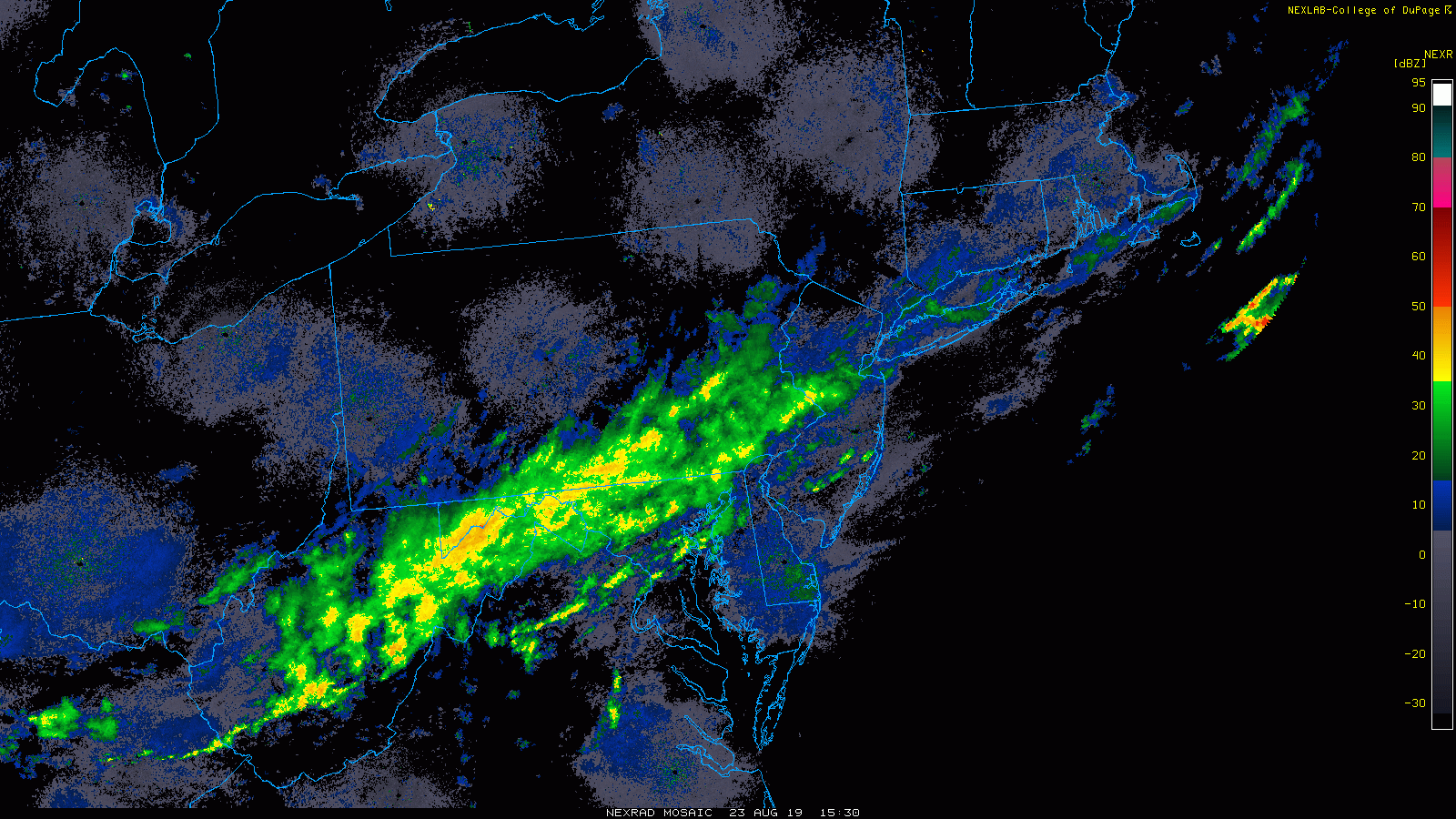 A cold front is only very slowly working its way through the Mid-Atlantic region at mid-day from northwest-to-southeast and this will result in additional rainfall for much of the day in DC, Philly and NYC. Courtesy NOAA, College of DuPage