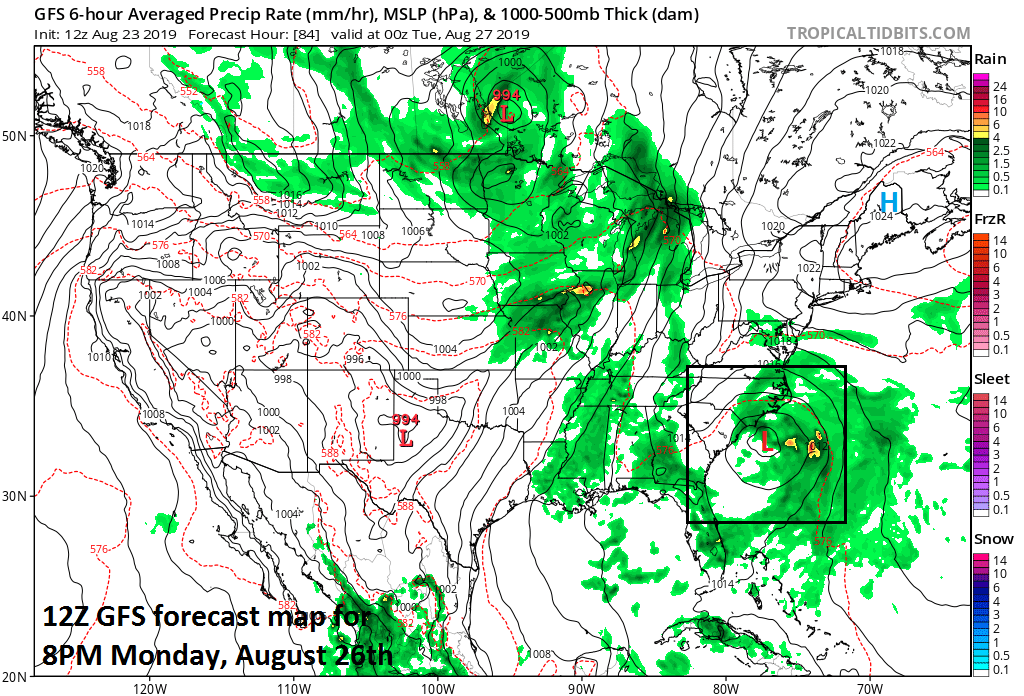 12Z GFS forecast map for Monday evening indicates low pressure off the Carolina coastline and this could be a named (‘Dorian’) tropical storm by this time; courtesy NOAA, tropicaltidbits.com