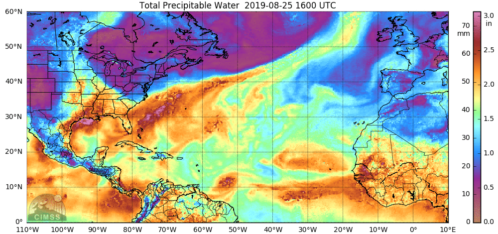 The “total precipitable water” loop indicated high moisture content (orange, red) associated with Tropical Storm Dorian near the Windward Islands and over the western Atlantic associated with the initial tropical wave. There is, however, drier air over the Caribbean (green, blue) and this could have an impact on intensification prospects for TS Dorian in coming days. Courtesy CIMSS/University of Wisconsin/NOAA