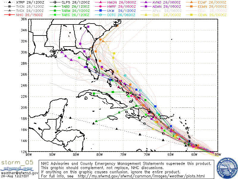 This map shows a series of forecast tracks by numerous computer forecast models for Tropical Storm Dorian with the official NOAA/NHC path in red (circles as markers). Courtesy NOAA, sfwmd.gov