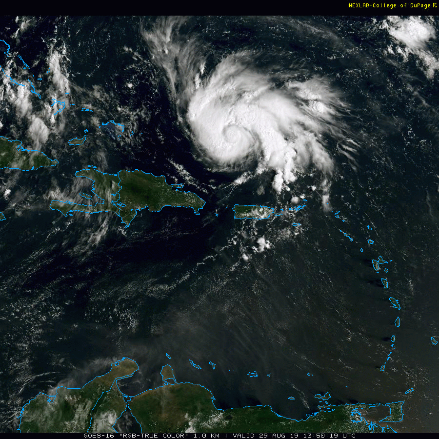 Hurricane Dorian has moved into the southwestern Atlantic where sea surface temperatures are quite warm for this time of year. There have been a few times during the past few hours where a small inner eye has appeared in the satellite imagery. Courtesy College of DuPage, NOAA