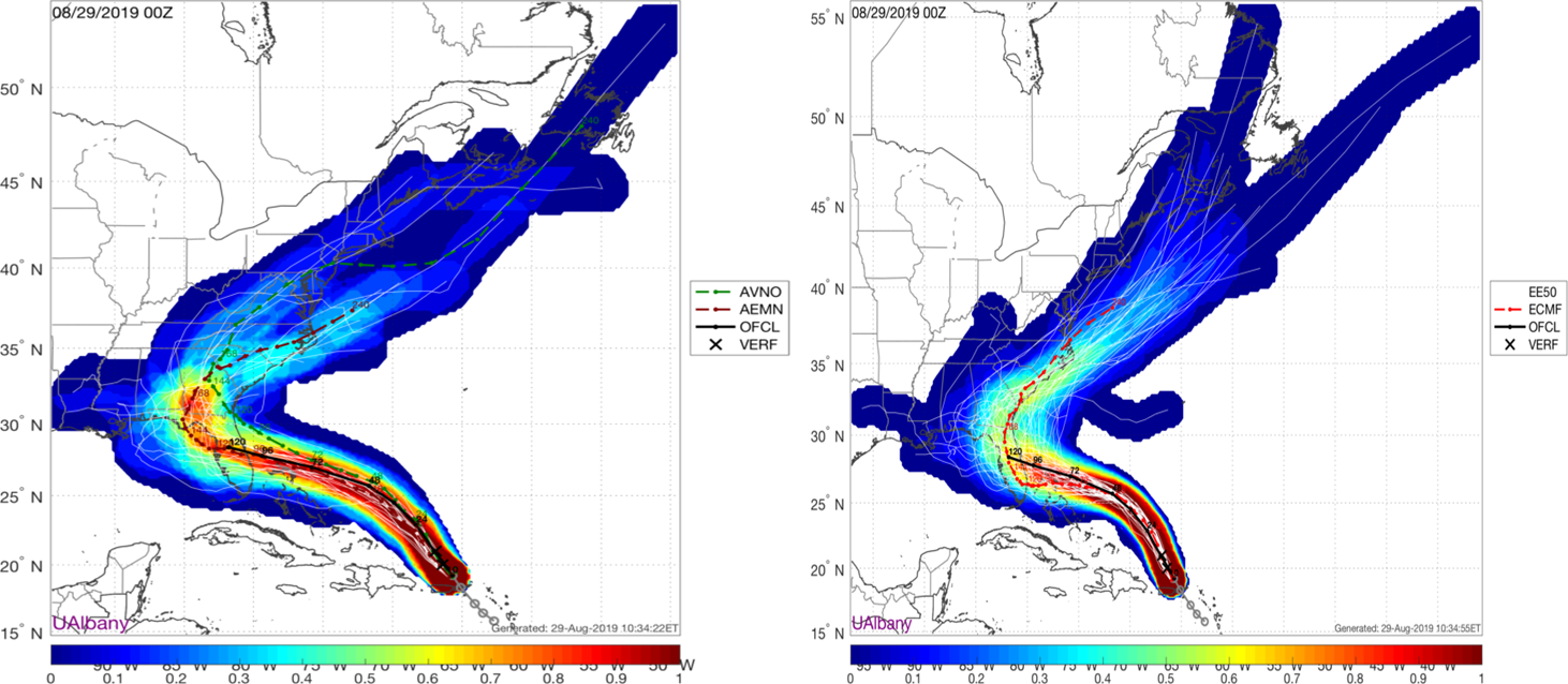GFS ensemble (left) and Euro ensemble (right) forecasted tracks of Hurricane Dorian bring it into east-central Florida and then shift it northward and ultimately northeastward. Courtesy NOAA, ECMWF