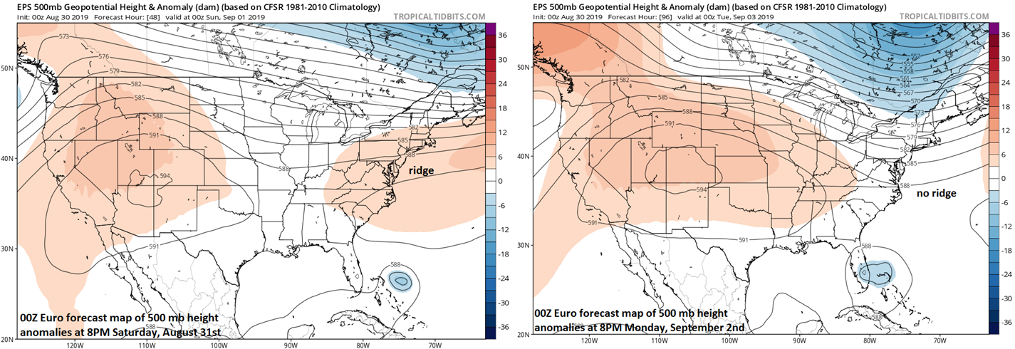 00Z Euro forecast maps at 500 mb for Saturday evening (left) and Monday evening (right) with a weakening of the high pressure ridge (shown in orange) to the north. Courtesy NOAA, tropicaltidbits.com