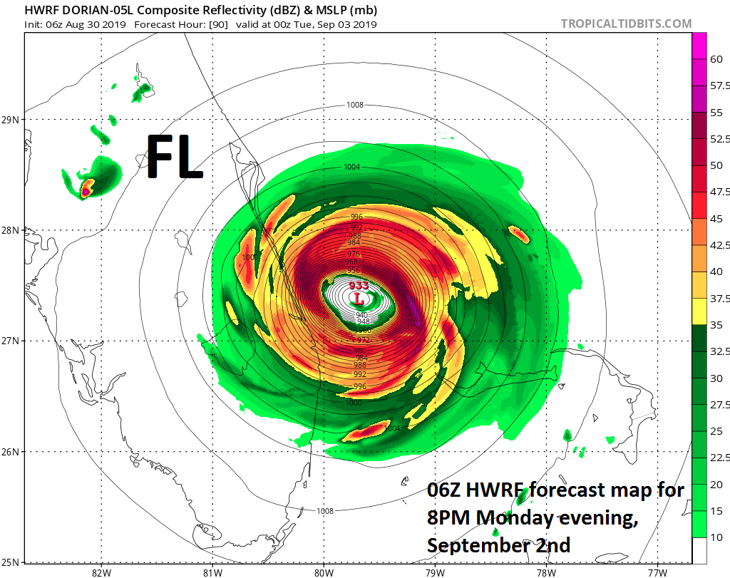This is the forecast map of NOAA’s main hurricane model called the HWRF that verifies on Monday evening at 8pm; courtesy NOAA, tropicaltidbits.com