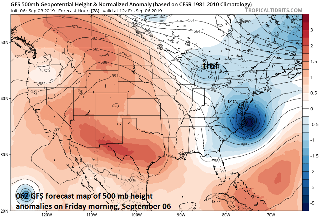 In response to an upper-level trough over the Great Lakes later this week, Hurricane Dorian should accelerate and turn northeastward and pass well to the east of the Mid-Atlantic region; courtesy NOAA, tropicaltidbits.com