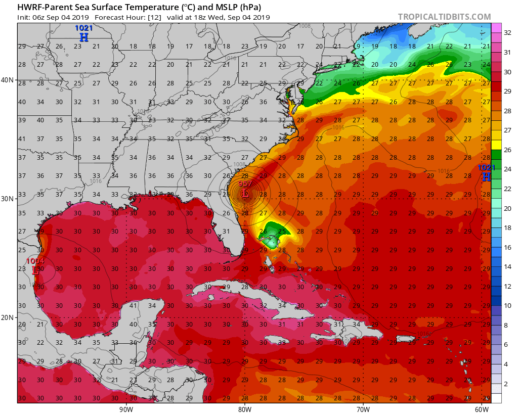 A warm tongue of Gulf stream water could result in some intensification of Hurricane Dorian in the near term as it leaves the “upwelling-induced” cooler water behind. Courtesy NOAA, tropicaltidbits.com