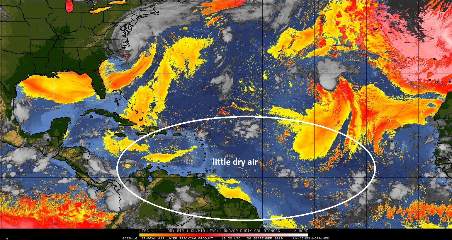 A couple of weeks ago there was a widespread dry (Saharan Desert) air mass over the tropical Atlantic Ocean, but now there is little. The tropical wave in the eastern Atlantic (at right edge of circle) has an “atmospheric opening” to trek westward in coming days towards the Caribbean Sea. Courtesy NOAA, CIMSS Wisconsin