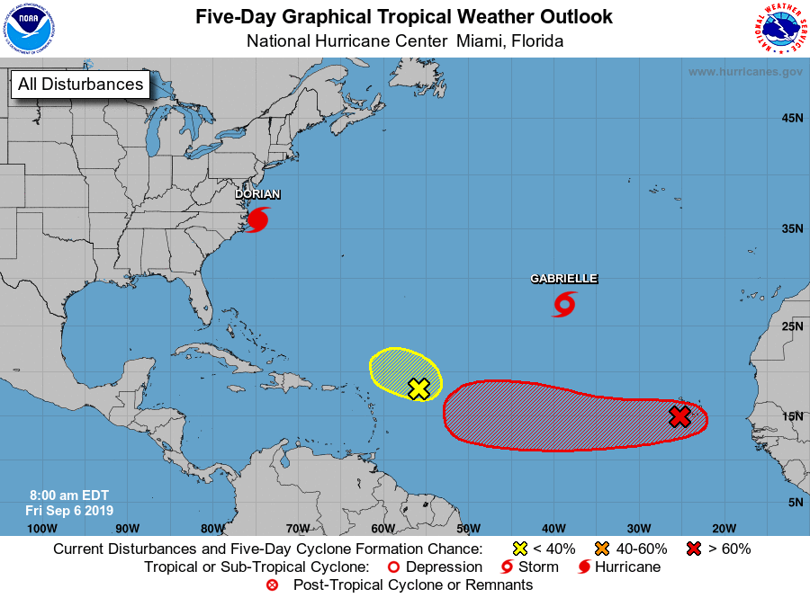 TS Gabrielle appears to be no threat to land, but the next system in the eastern Atlantic (red path shown) may very well become an issue in a week or so in what appears to be an ongoing active tropical season; map courtesy NOAA/NHC