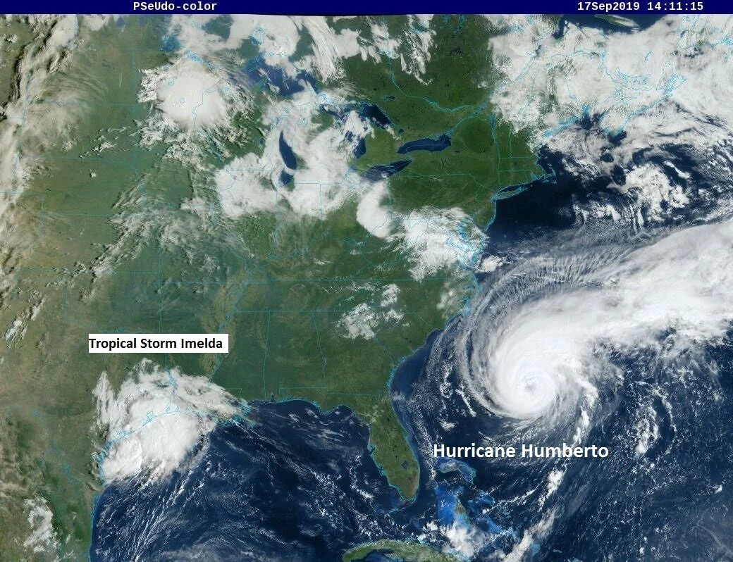Tropical Storm Imelda now right near the SE Texas coastline will likely produce tremendous rainfall amounts in coming days. Meanwhile, Hurricane Humberto continues to churn out over the Atlantic Ocean and it may become a cat 3 “major” hurricane in the next day or two. Courtesy NOAA