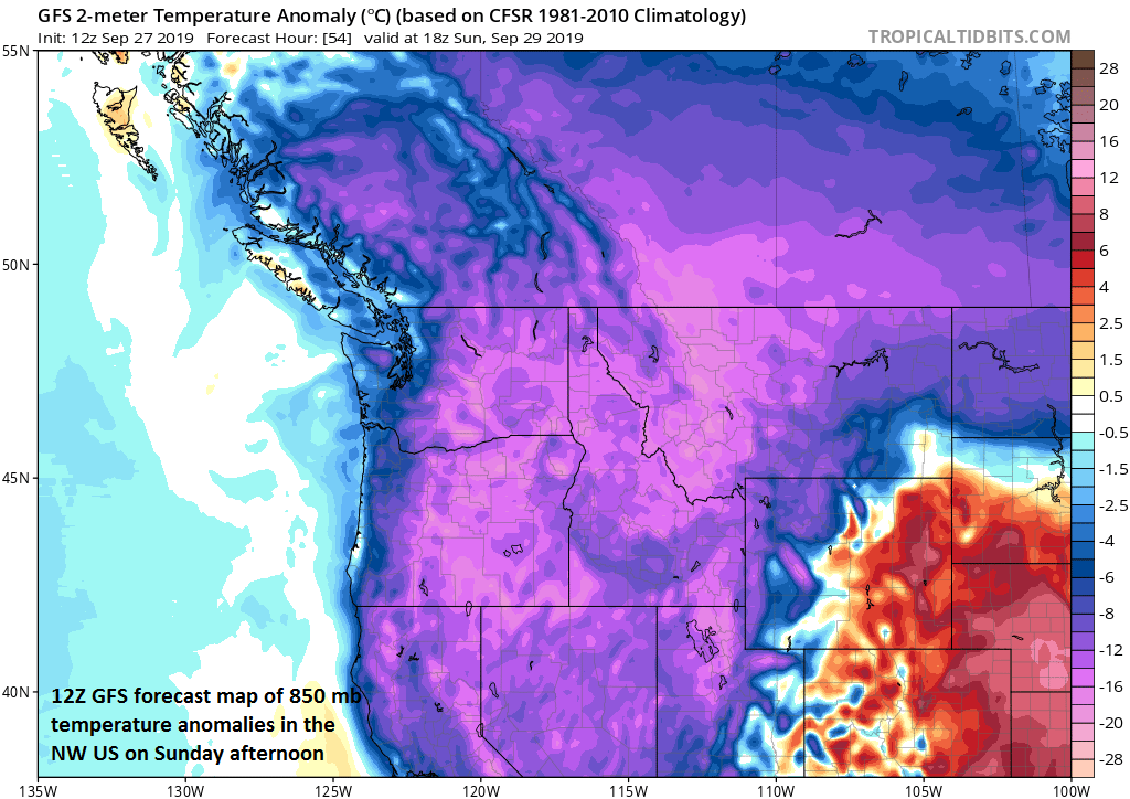 12Z GFS forecast map of 850 mb temperature anomalies for Sunday afternoon in the NW US with very chilly air for this time of year; courtesy NOAA, tropicaltidbits.com