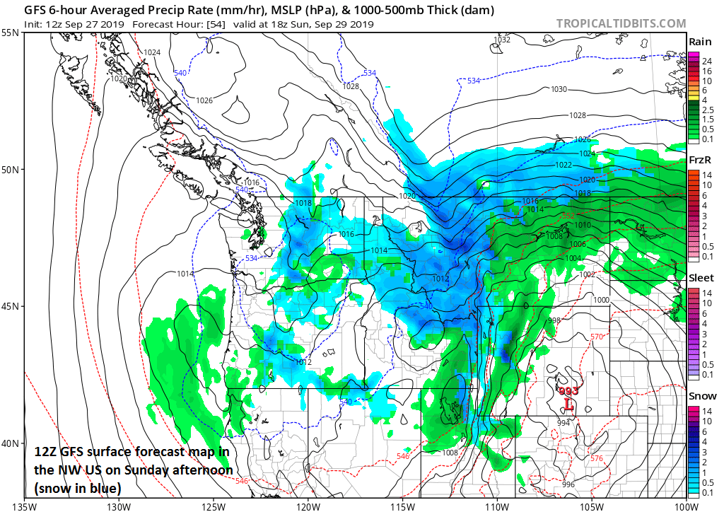 12Z GFS surface forecast map for Sunday afternoon in the NW US with snow shown in blue; courtesy NOAA, tropicaltidbits.com