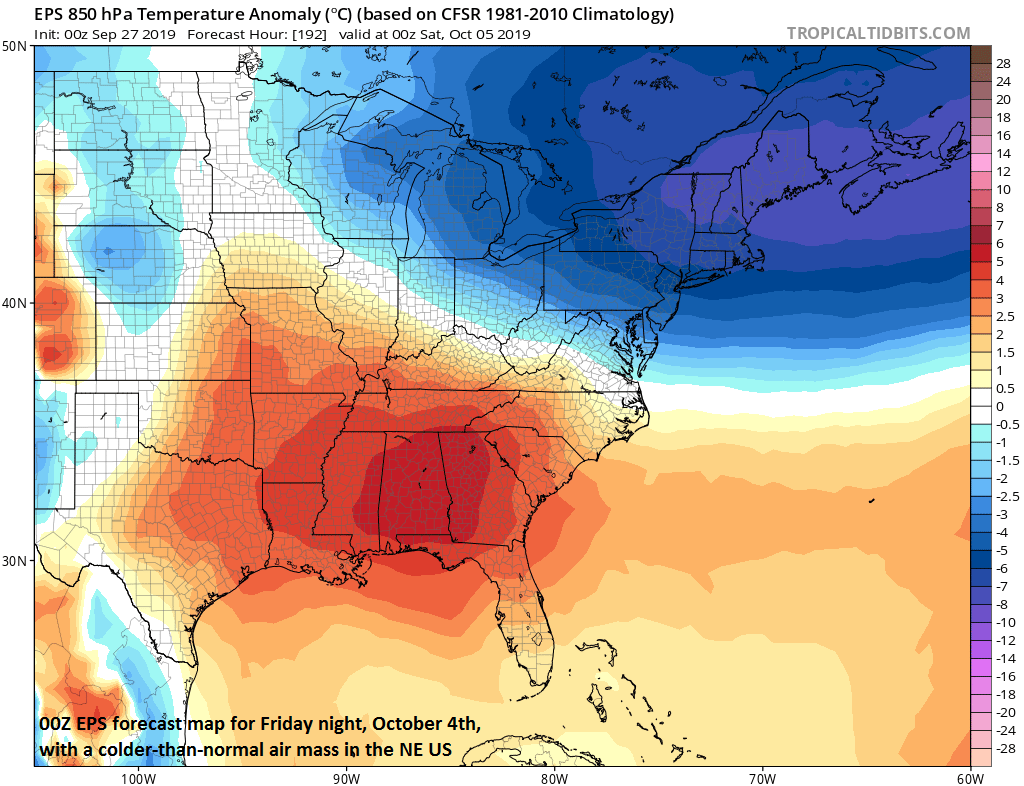 Some of the cold air associated with the weekend winter storm in the NW US will trek east to the NE US by next weekend; courtesy tropicaltidbits.com, ECMWF