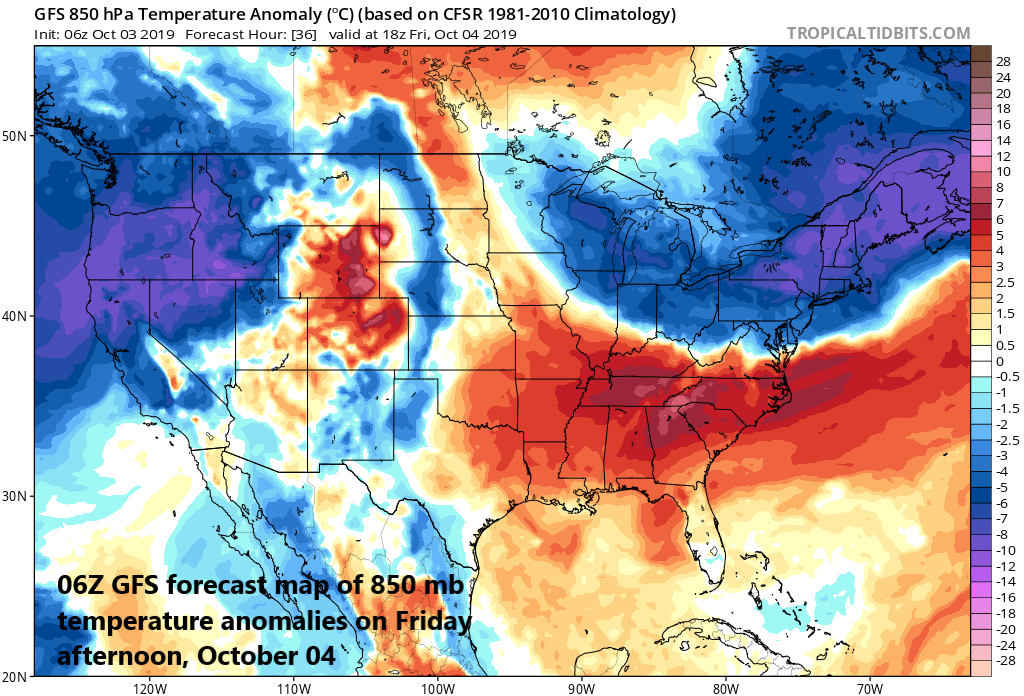 Much cooler-than-normal air will be experienced on Friday throughout the Mid-Atlantic and NE US; map courtesy NOAA, tropicaltidbits.com