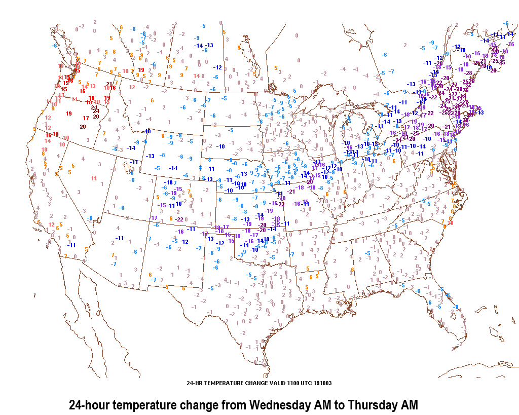 Temperatures dropped dramatically between yesterday morning and this morning in the NE US; map courtesy Penn State ewall