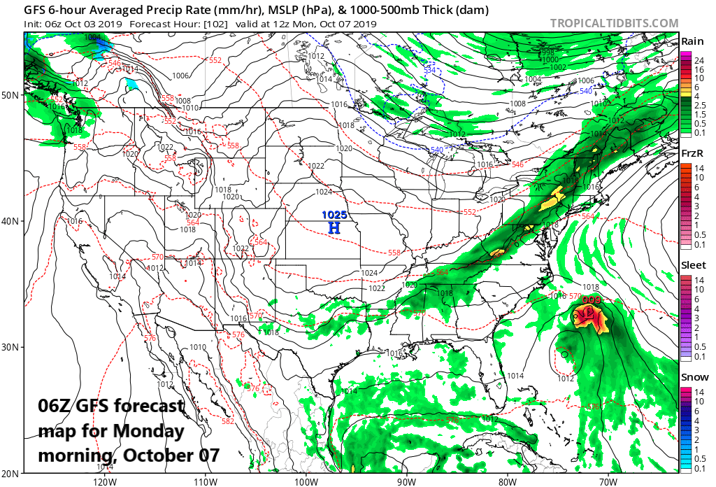 There is the potential for a significant rain event in the I-95 corridor in the late Sunday night/Monday time period; map courtesy NOAA, tropicaltidbits.com
