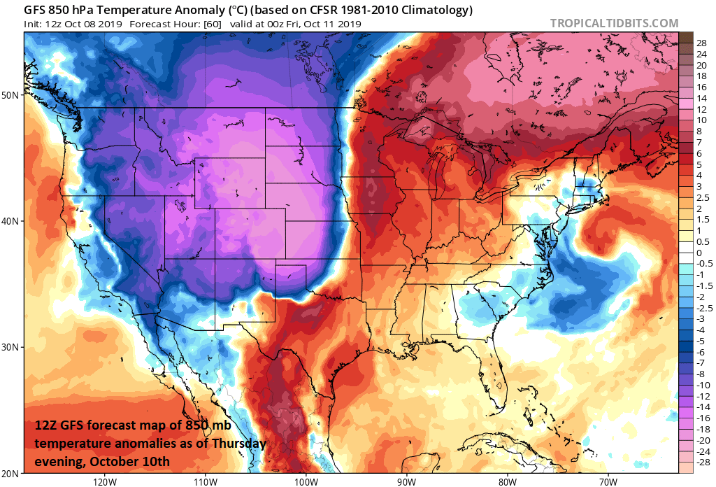 A bitter cold blast for early October is headed to the region from the Rockies to Northern Plains and there will be accumulating snow as well in coming days; courtesy NOAA, tropicaltidbits.com