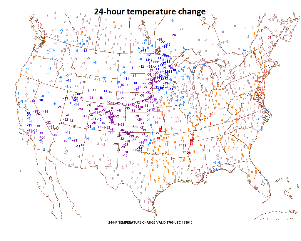 the temperature drop in some spots has been as much as 50 degrees in the 24 hours from this time yesterday to today; map courtesy Penn State ewall