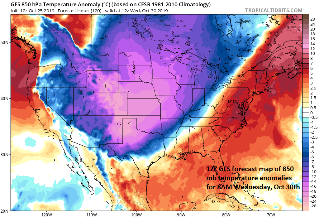 1:25 PM (Friday) | *Widespread cold next week likely to bring record lows to the Rockies/central US…arrival time for the cold air in the eastern US could be Halloween Night or early Friday*